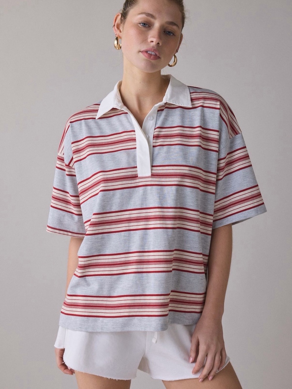 Striped Rugby Polo Tee in Light Gray and Red